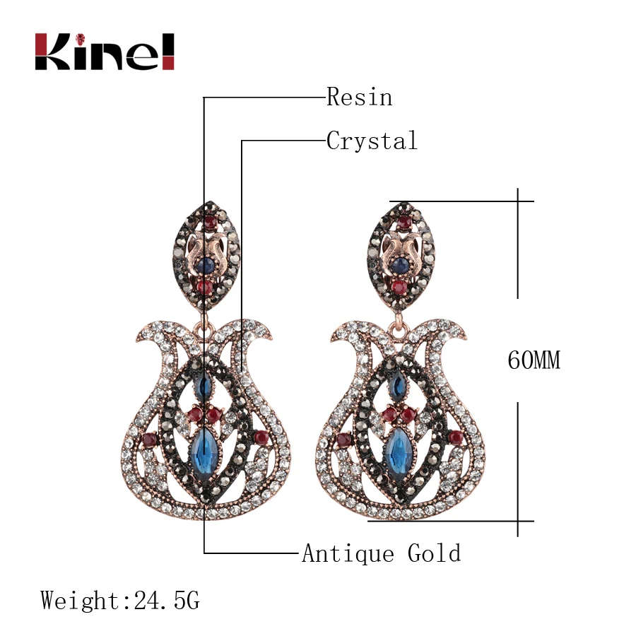 Kinel Fashion Bohemia Jewelry Blue Big Drop Earrings Inlaid Crystal Vintage Earrings For Women Antique Gold Color Christmas Gift