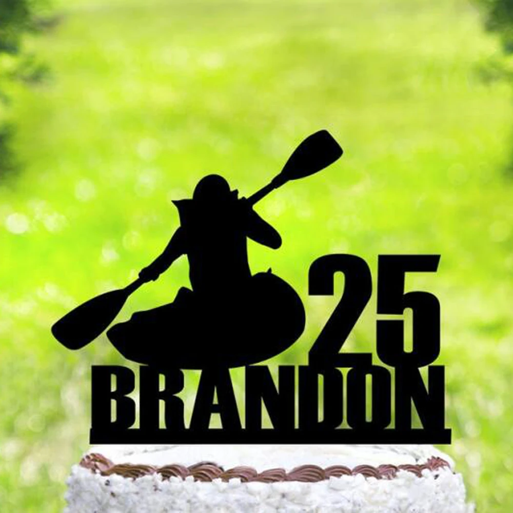 Personalized name and age Kayak Happy birthday Cake Topper,Rower/rafting silhouette cake topper,Rustic Birthday Party topper