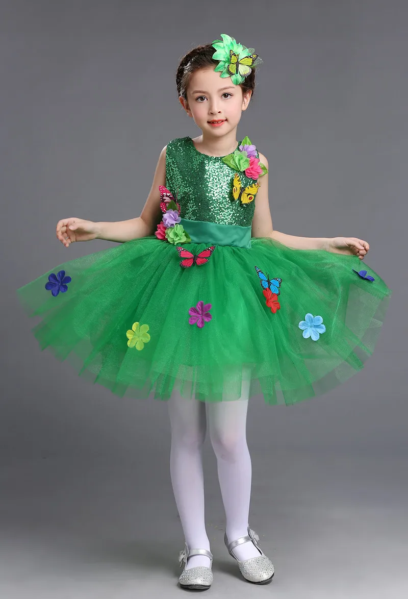 Kids Dance Tutu Dresses Costume Flowers and Butterflies Applique Bling Sequin Wedding Party Fancy Dress for Children