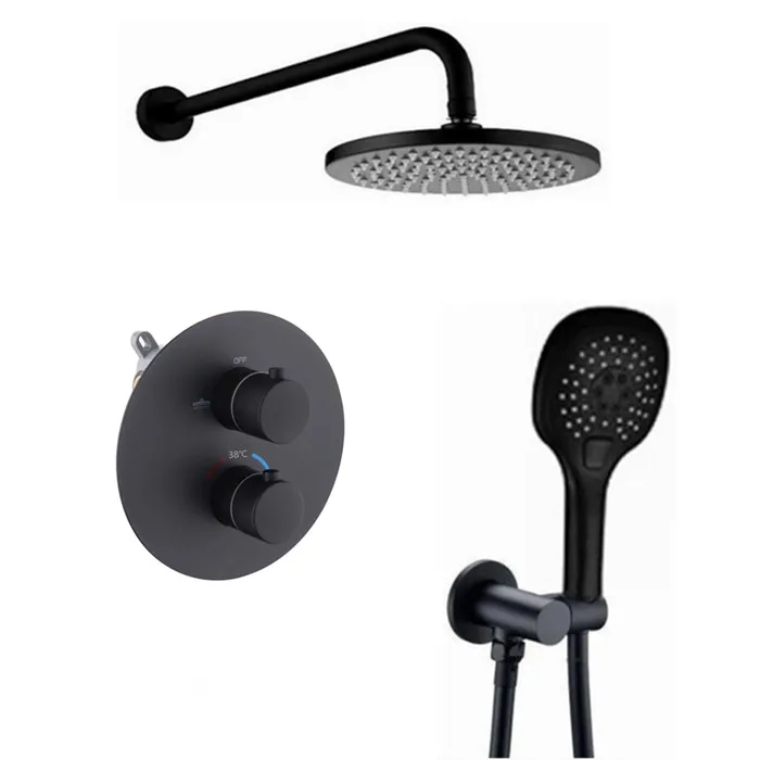 

matte black 16 inch Rain Shower Head Bathroom Brass Black Thermostatic Bath Shower Set Wall Mounted faucet shower set IS609