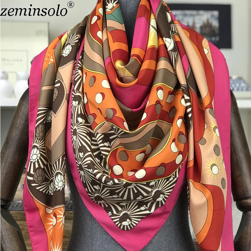 100% Silk Scarf Women Scarf Hijab Printed Hot Design 130*130cm Square Scarves Silk Fashion 2018 Female Bandana Wrap Lady Gift