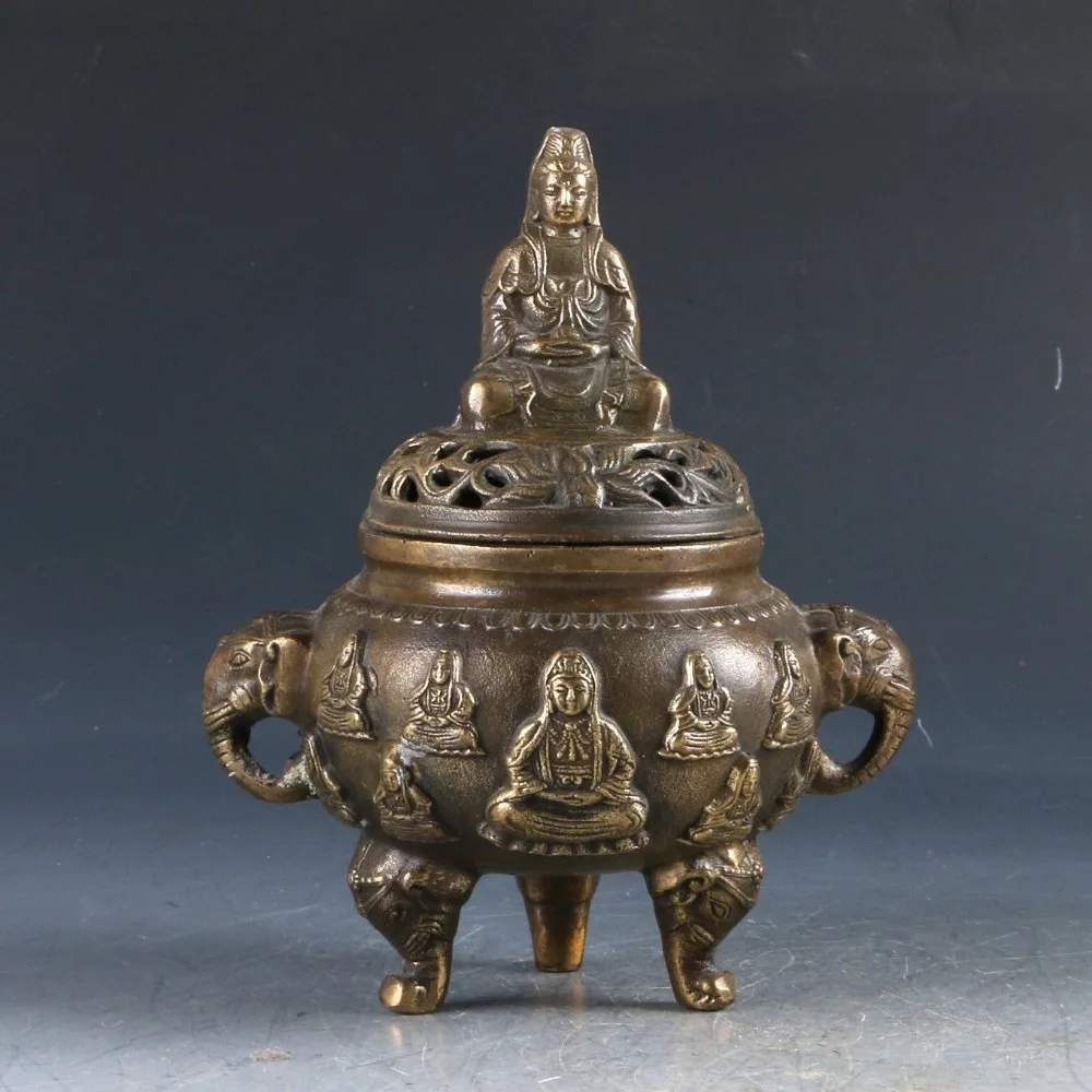 Chinese Brass Hand Carved Kwan-yin Incense Burner Ming Dynasty Xuande Markincense burner metal handicraft Incense Burner