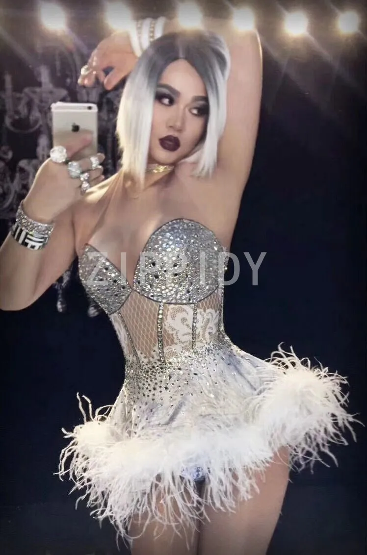 Silver Rhinestones White Feather Dress 2 Piece Outfit Women's Birthday Show Dress Female Singer Dance Nightclub Dress Mesh