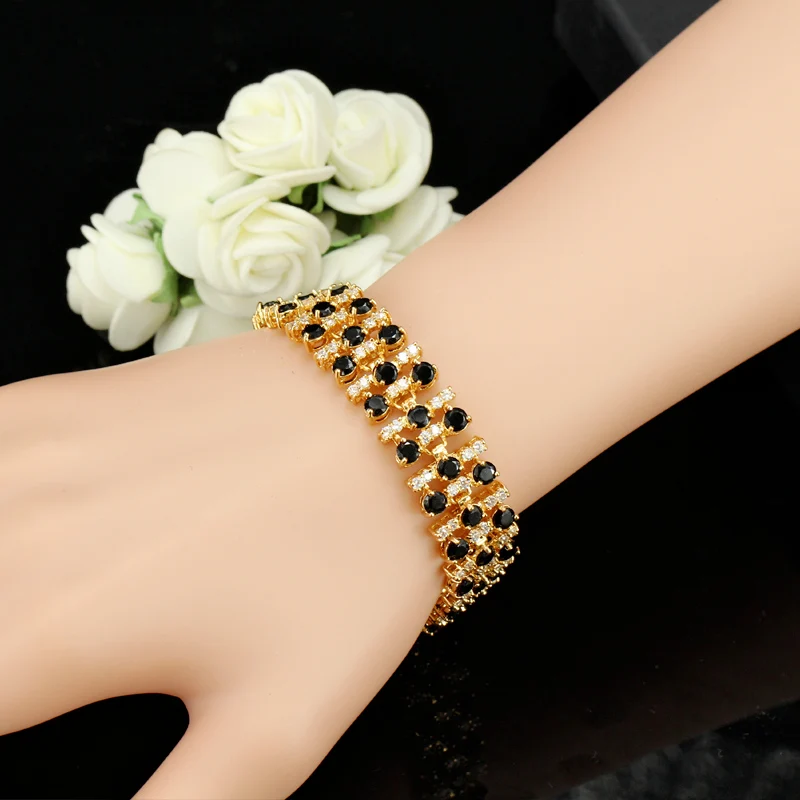 CWWZircons Brand African Nigerian Yellow Gold Plated Wedding Jewelry White and Black Big Cubic Zirconia Bracelet for Women CB191