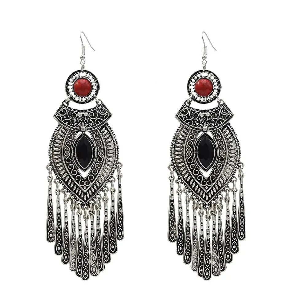 Thailand Silver Color Vintage Indian Big Long Tassel Statement Earrings for Women Jhumka Gypsy EgyptianTurkish Tribal Jewelry