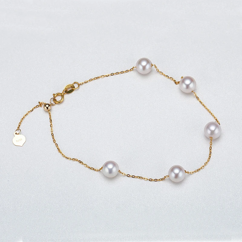 Sinya Au750 Gold Bracelet Anklet with Natural Pearls for Women Girls Mom 20cm with Move Gold Beads Can Adjust Length