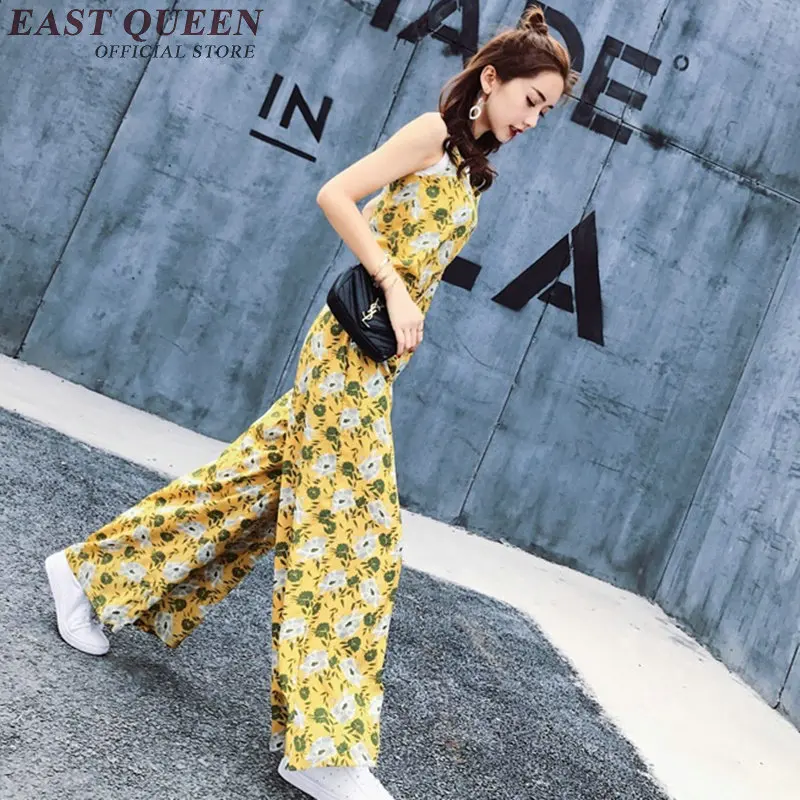 สูงเอว jumpsuit ผู้หญิง 2018 vintage floral พิมพ์ jumpsuit ผู้หญิงแขนกุดขากว้าง jumpsuit กับกระเป๋า NN0746 YQ