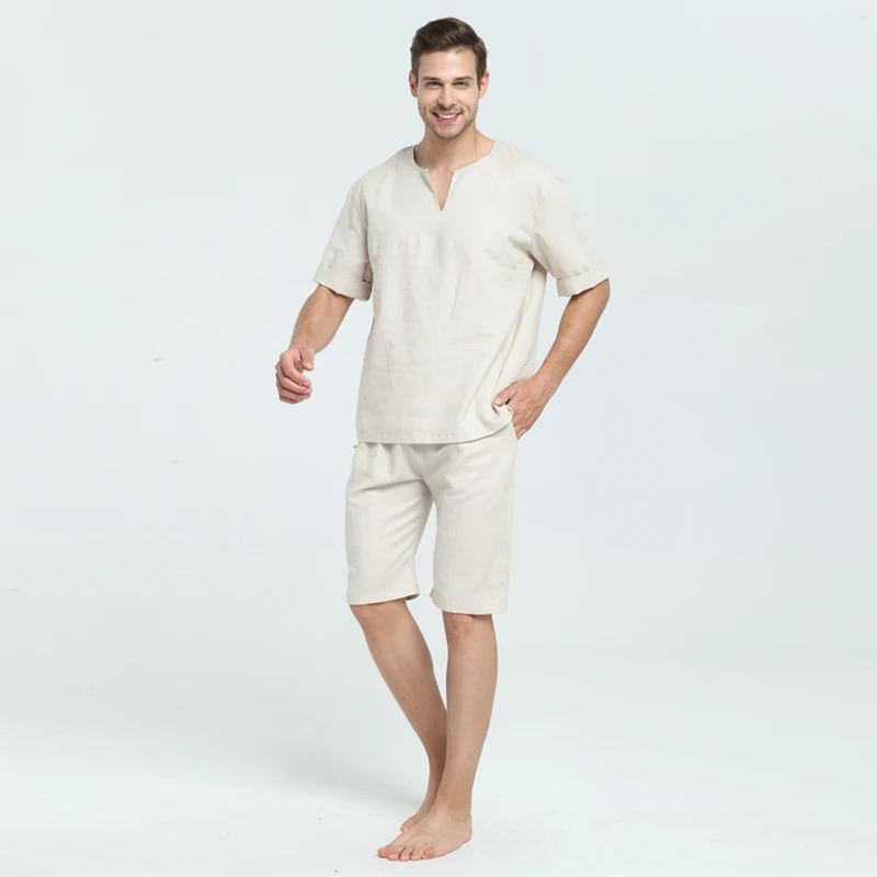 Men and Woen Unisex Ramie and Cotton Sumer and Spring  Short Top Sleepwear Home Wear Loungewear pajama Sets with Long Pants