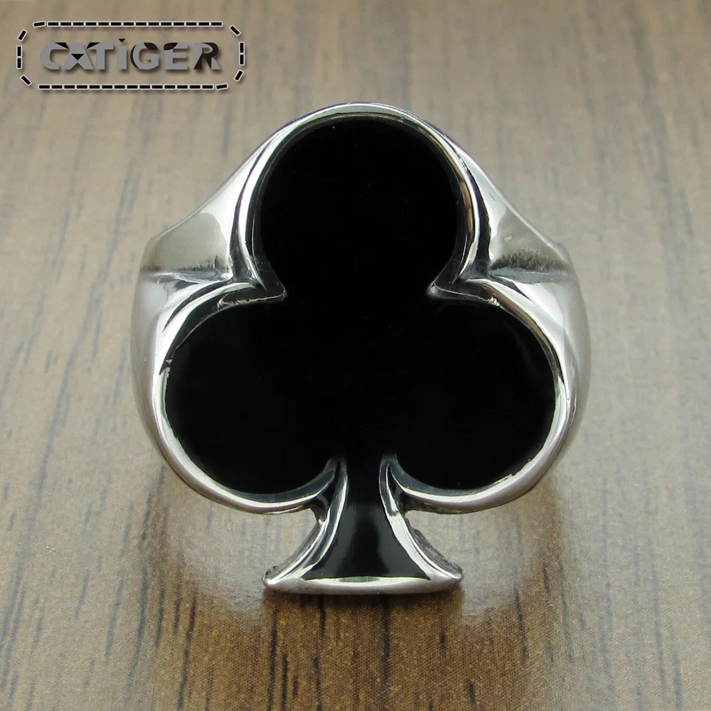 Punk 316L Stainless Steel Silver Color Black Enamel Playing Cards Poker Club Ring Jewelry