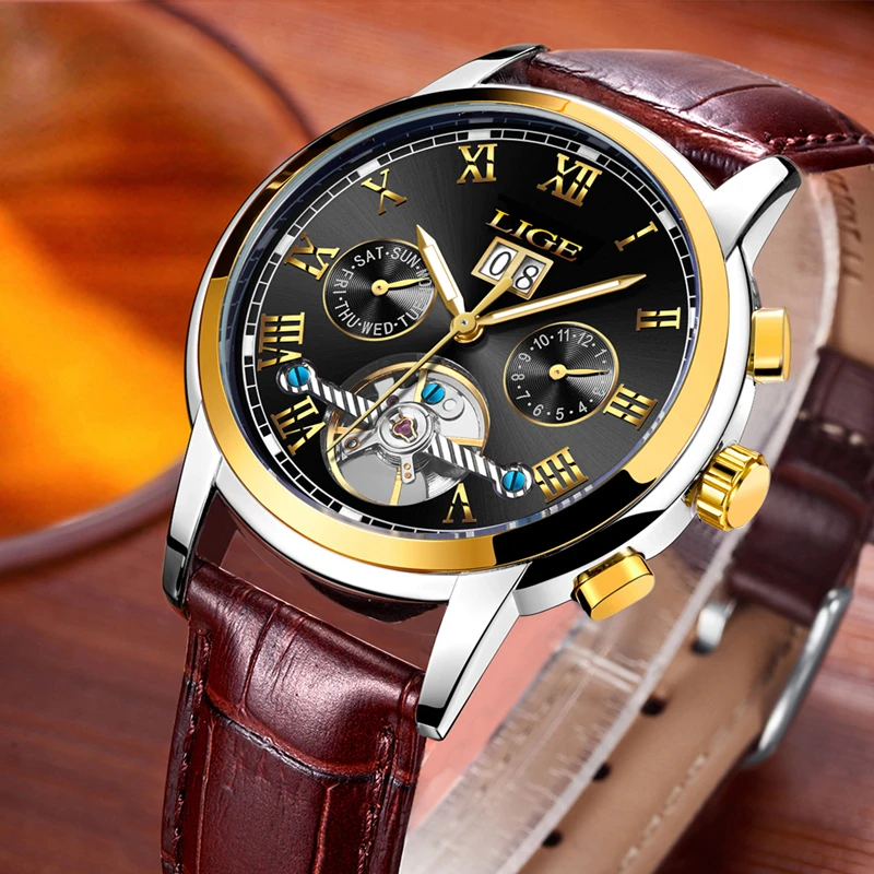 

LIGE 2019 Top Luxury Brand Fashion Men Automatic Mechanical Watch Mens Waterproof Leather Sport Casual Clock Relogio Masculino