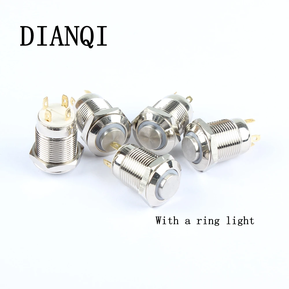 12mm metal brass push button ring illumination high round switch flat shape momentary 1NO pin terminal reset new 12GTHX.F