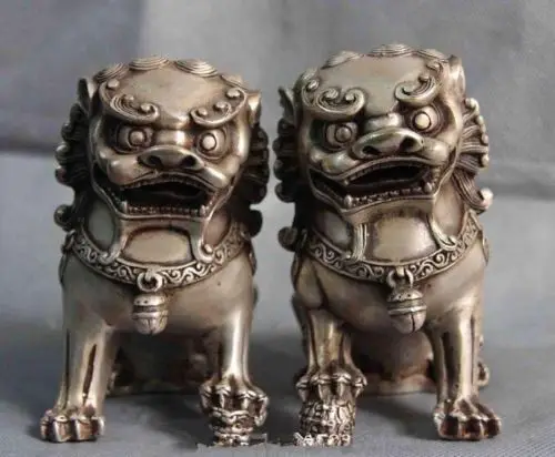 

A Pair of Exquisite Chinese Folk White Copper Fengshui Foo Dog lion Beast Statues Sculptures