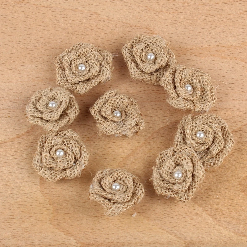 10 stücke Mini Größe handgemachte Jute hessische Sac kleinen Rose Blume DIY Handwerk Baby party rustikale Hochzeit Dekor Vintage Hochzeits dekoration