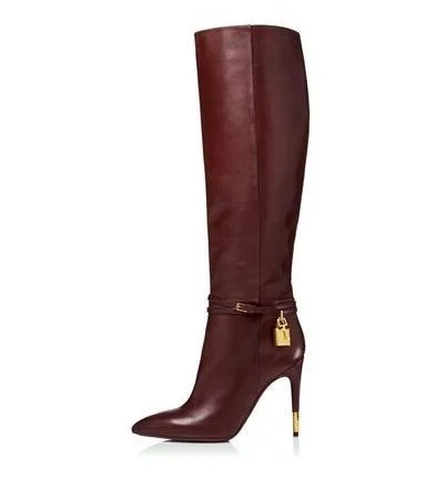 Fashion Burgundy Leather Women Boots Knee High Pointed Toe Gold Lock Decoration Stiletto Heels Ladies Ridding Boots Plus Size