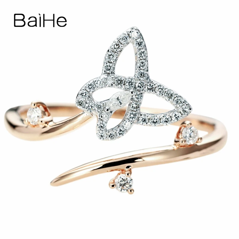 

BAIHE Solid 14K Rose Gold 0.03ct H/SI Round Natural Diamonds Wedding Women Trendy Fine Jewelry Beautiful butterfly diamond Ring