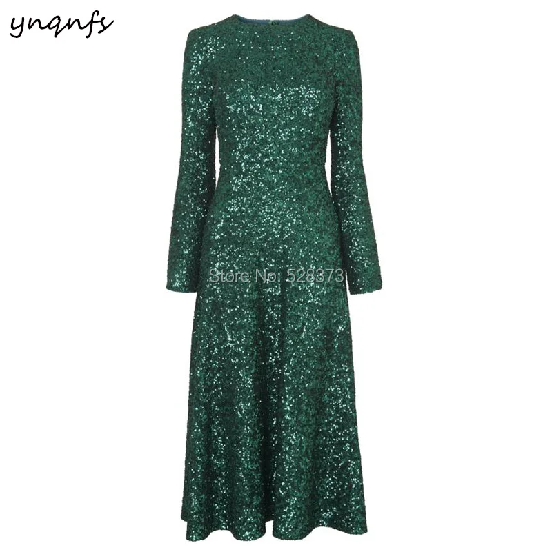 

YNQNFS MD189 Elegant Vintage Tea Length Long Sleeve Emerald Green Mother of the Bride/Groom Dresses Outfits Simple Sparkling