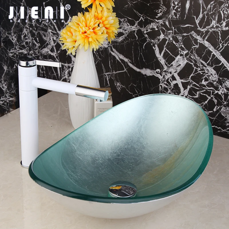 

JEINI Bathroom Glass Washbasin Handpainting Bowl Sink Lavatory Basin Combine Brass White Painting Swivel Spout Faucet Mixer Tap