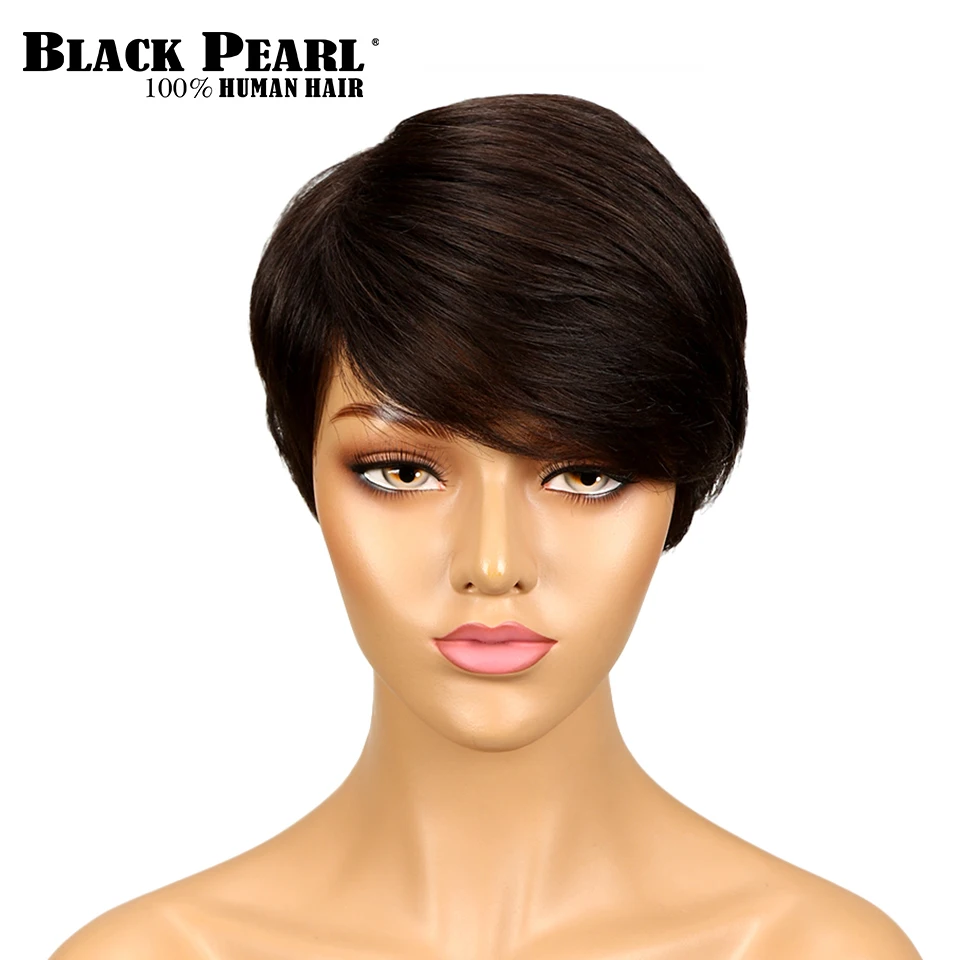 Black Pearl Short Pixie Cut Human Hair  Wigs For Black Women Dark Black Brown Wigs 2# Short Straight Hair