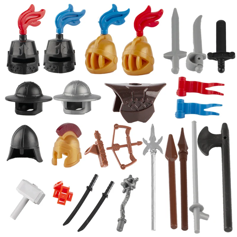 MOC-Accesorios de bloques de construcción, castillo Medieval, caballero, casco, arma, soldado del ejército, arco, flecha, piezas, juguetes para niños C115