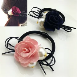 1PCS Lovely Rose Pearls Elastic Hair Bands Toys For Girls Handmade Bow Headband Scrunchy Kids Hair Accessories For Womens 2018