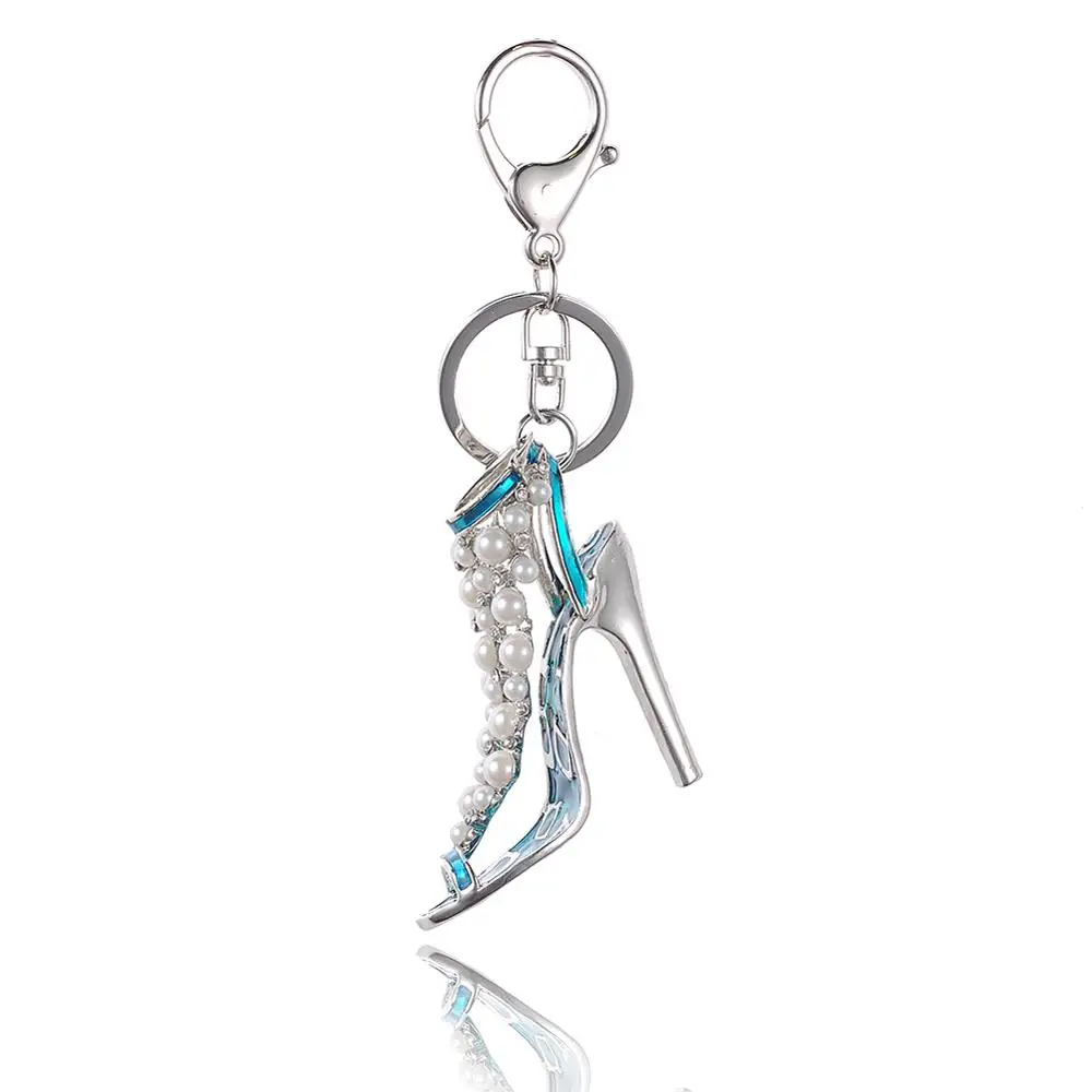 Gota de Óleo Gotejamento Liga de alta Qualidade Chaveiro Chaveiro Esmalte sapatos de Salto Alto Strass Pérolas de cristal KeyChain Anel Chave inoxidável mulheres