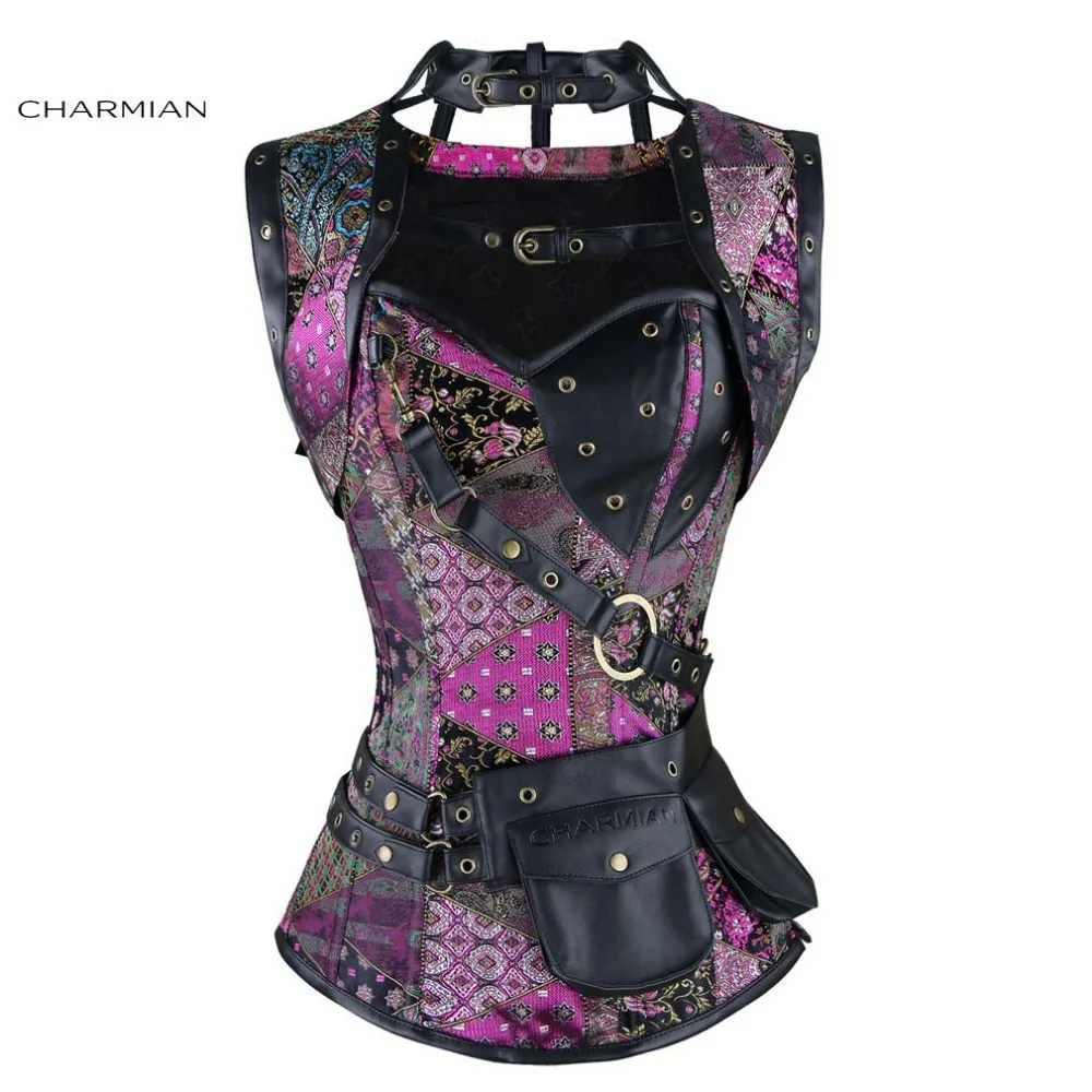 Charmian 3 pezzi Steampunk corsetto gotico da donna broccato in acciaio disossato Plus Size bustier corsetto Top con giacca e cintura a marsupio marrone