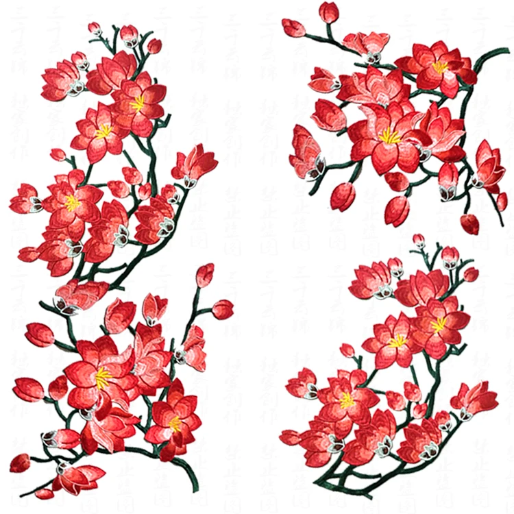 Red Magnolia Flower Embroidery Patches Sticker for Clothes Parches Para La Ropa Applique Embroidery Flower Patches