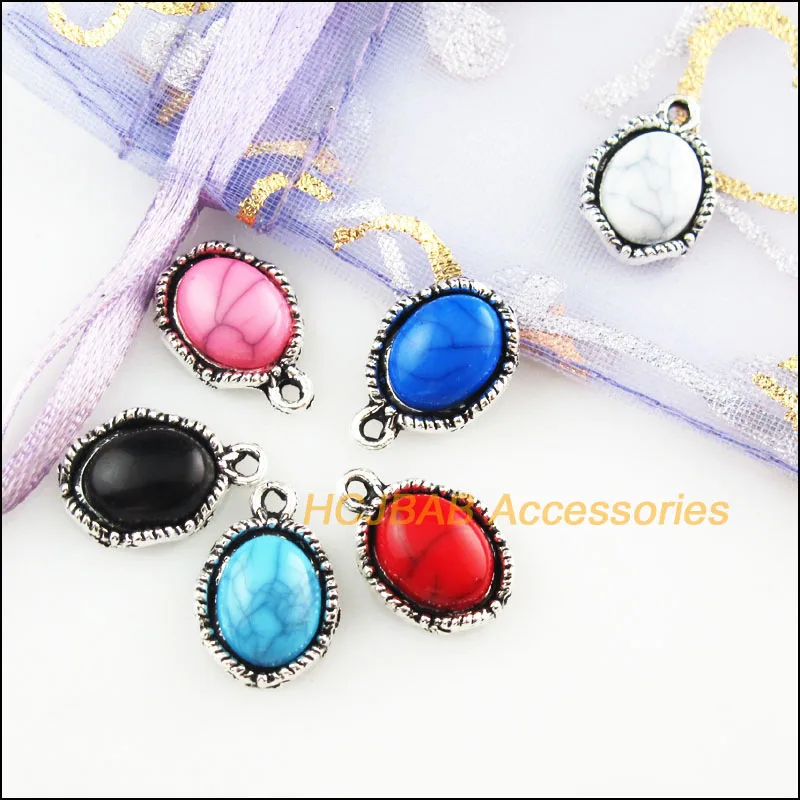 24Pcs Tibetan Silver Color Oval Mixed Stone Charms Pendant 10.5x15.5mm