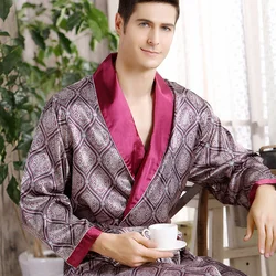 Men Silk long-sleeved Bathrobe Big Size 5XL kimono Home Bath Gown Male Printed Geometric Robes V-neck Satin Sleepwear Nightgown