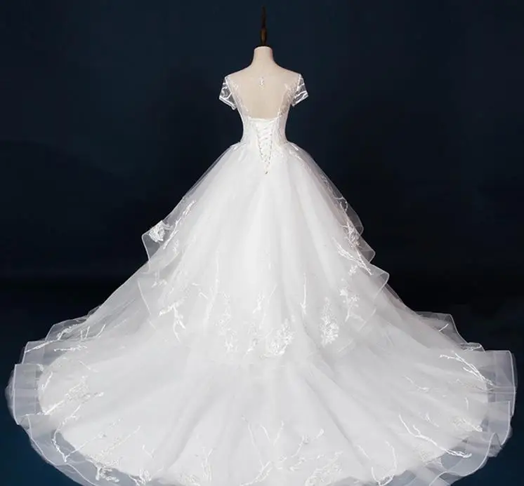 BANVASAC Sheer O Collo 2018 Del Merletto Dell'abito di Sfera Abiti Da Sposa Appliques Ricamo Foto Reali Cattedrale Treno Abiti Da Sposa