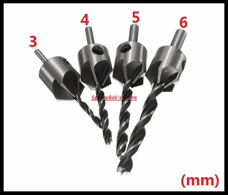 4pcs/Set 3mm / 4mm / 5mm / 6mm HSS 5 Flute Countersink Dirll Bit Set Carpentry Reamer Woodworking Chamfer End Milling