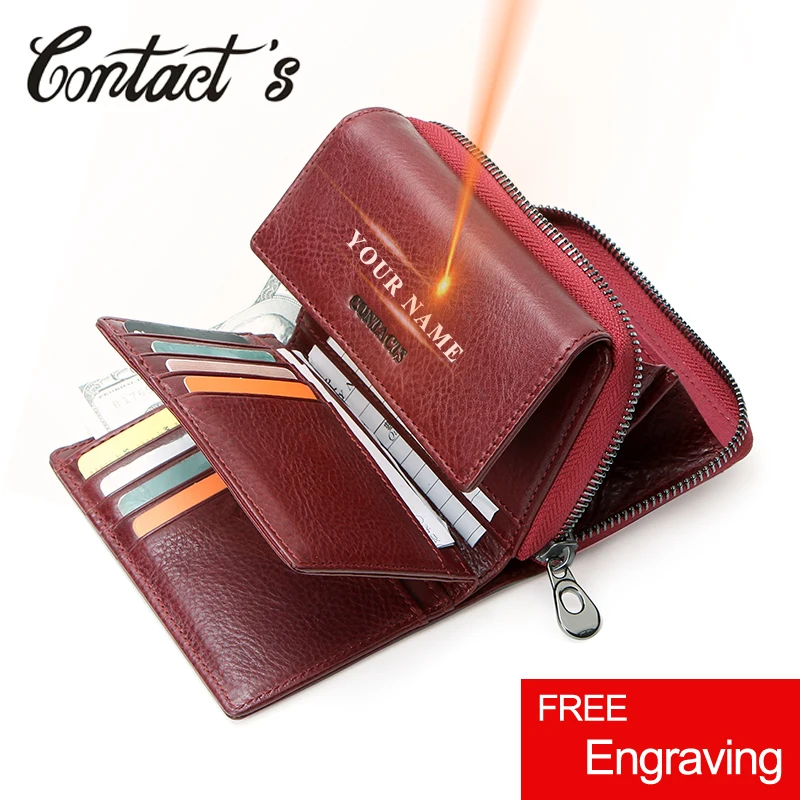 Contact\'s Free Engraving Genuine Leather Women Wallets Short Bifold Wallet Gift for Girls Coin Purse Card Holder Small Money Bag