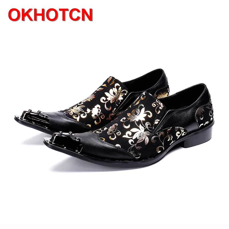 

Italy High Heel Mens Pointed Metal Toe Dress Shoes Black Party Shoes Gold Floral Print Patchwork Men Suede Leather Formal Shoes
