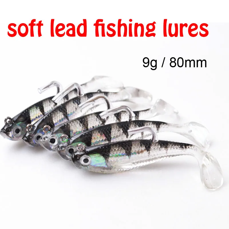 5Pcs/Lot 3D Eyes Lead Fishing Lures With T Tail Soft Fishing Lure Single Hook Baits artificial bait jig wobblers rubber 80mm/9g