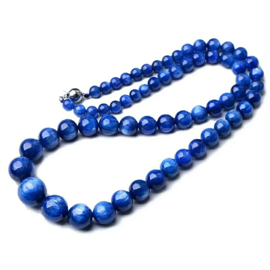 Natural Blue Kyanite Round Beads Pendant Necklace 6-14mm For Women Men Cat Eye Long Natural Stone Kyanite Necklace AAAAAA