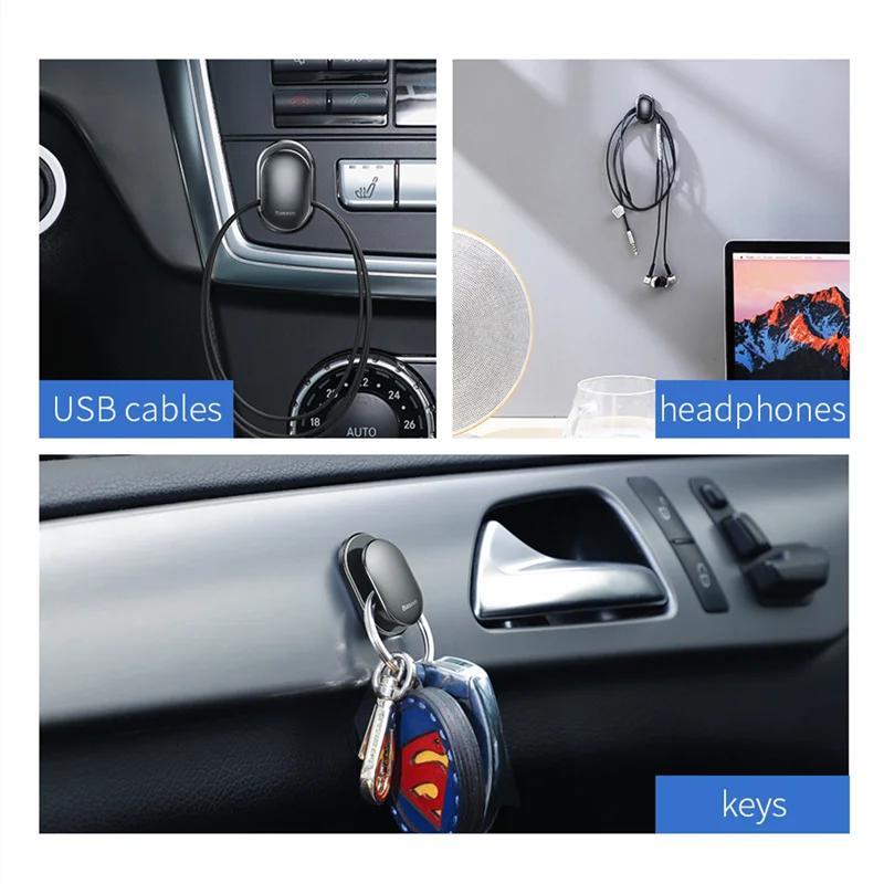 Baseus 4Pcs/Lot Car Hooks Organizer Storage Hanger for USB Cable Headphone Key Storage Car Accessory Car Adhesive Hook Hanger