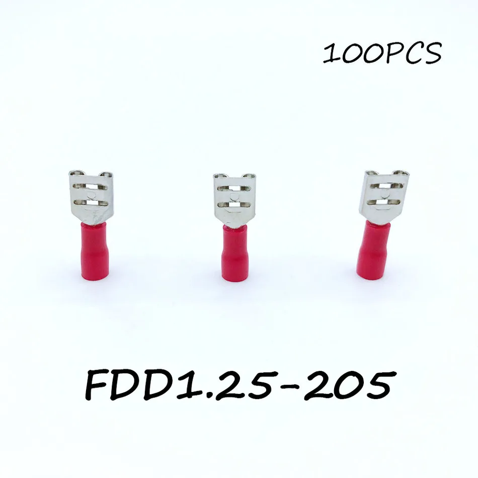 Insulated Female Disconnector FDD1.25-205 100PCS/Pack Red Spade Quick Electrical Connector Crimp Wire Terminal AWG Terminator