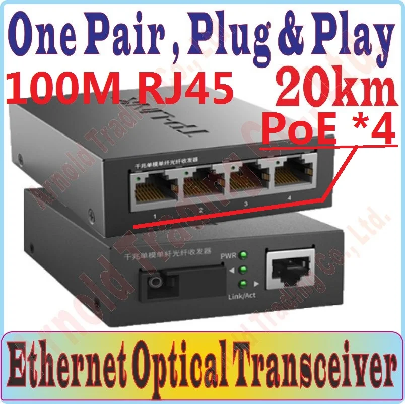 

One pair Plug&Play 20km single-mode Optical Fiber Transceiver, Fiber Converter, 4*100Mbps RJ45 Port, 2*100Mbps SC ports With PoE