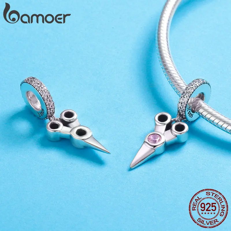 BAMOER Genuine 925 Sterling Silver Tools Scissor Pink CZ Pendant Charm fit Bracelet & Necklaces Sterling Silver Jewelry SCC656