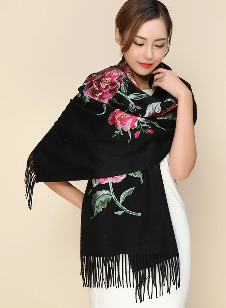 Embroidery Cashmere Scarf Winter Women Tassel Floral Pashmina Hijab Flowers Thick Scarves Long  Shawls Size 200*70cm