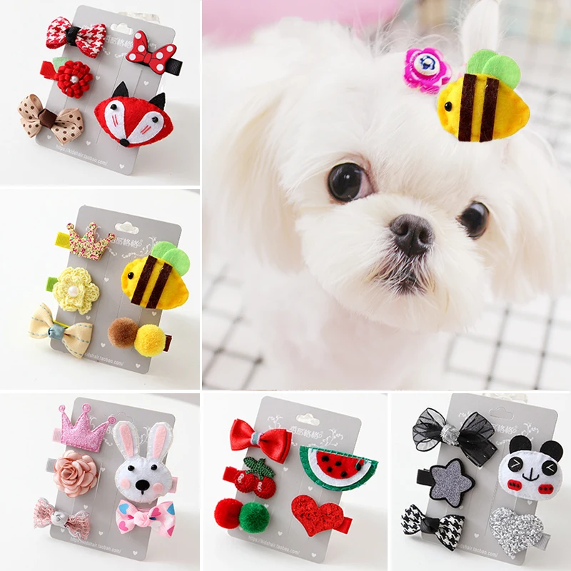 Cute Pet Puppies Hairpin Set Cartoon Bows Hair Clips For Dogs Little Small Princess Teddy Yorkshire Pet Grooming Accessories