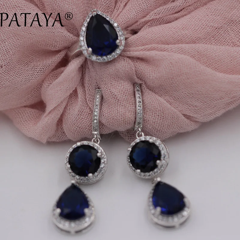 PATAYA New Women Wedding Party Trendy Jewelry Set Water Drop Natural Zirconia Earrings Ring Sets True White Gold Color Jewelry