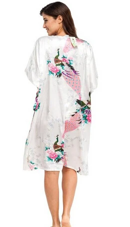 Brand New Pink Female Silk Rayon Robe Nightshirt Summer Bathrobe Gown Sleepwear Flower Home Dress Peacock Plus Size 6XL A-074