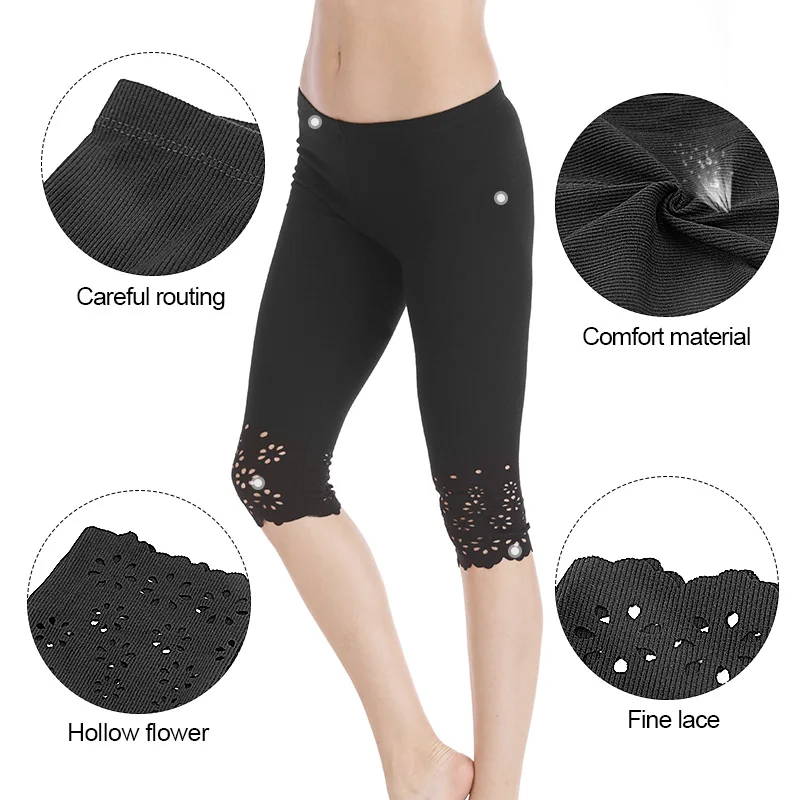 Summer New Women Knitted Hollow Out Flower Leggings Elastic Slim Mid-calf Black White Cropped Pants Female Stretch trousers