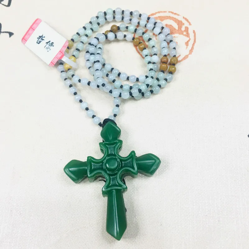 Zheru Jewelry Pure Natural Jasper Carved Green Cross Pendant Tricolor Jadeite Bead Necklace Send Class A Certificate