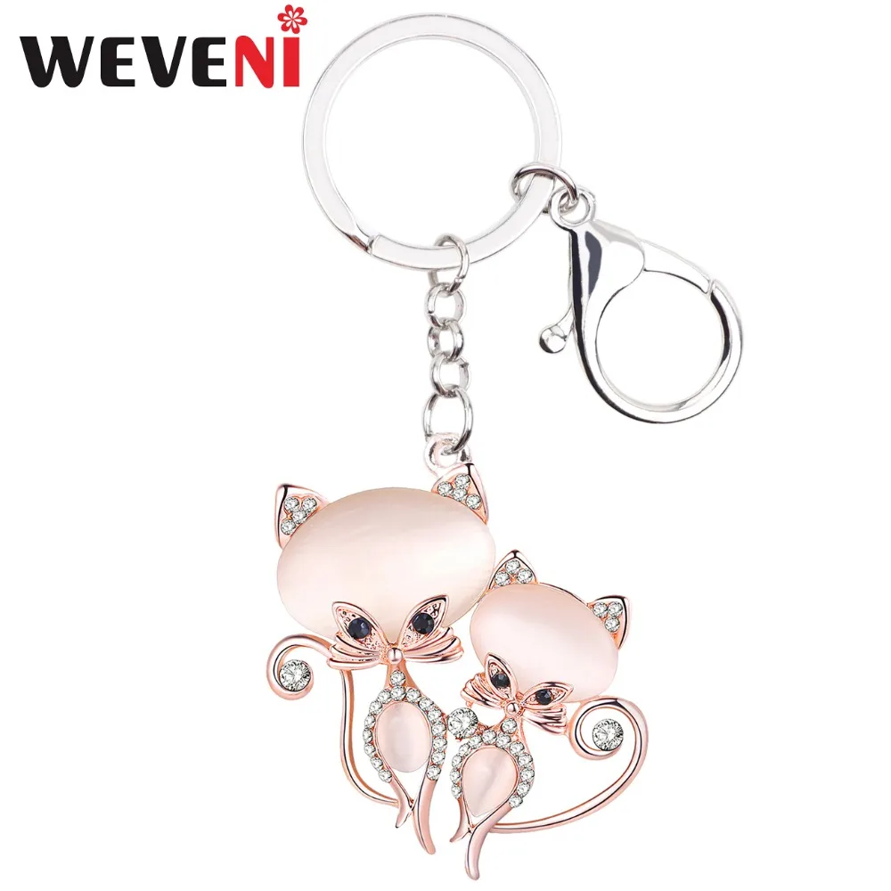 WEVENI Cat Key Chain Key Holder Charm Wholesale Charm Alloy Rhinestone Opal Kitten Pendant Charm Trendy Animal Jewelry For Women