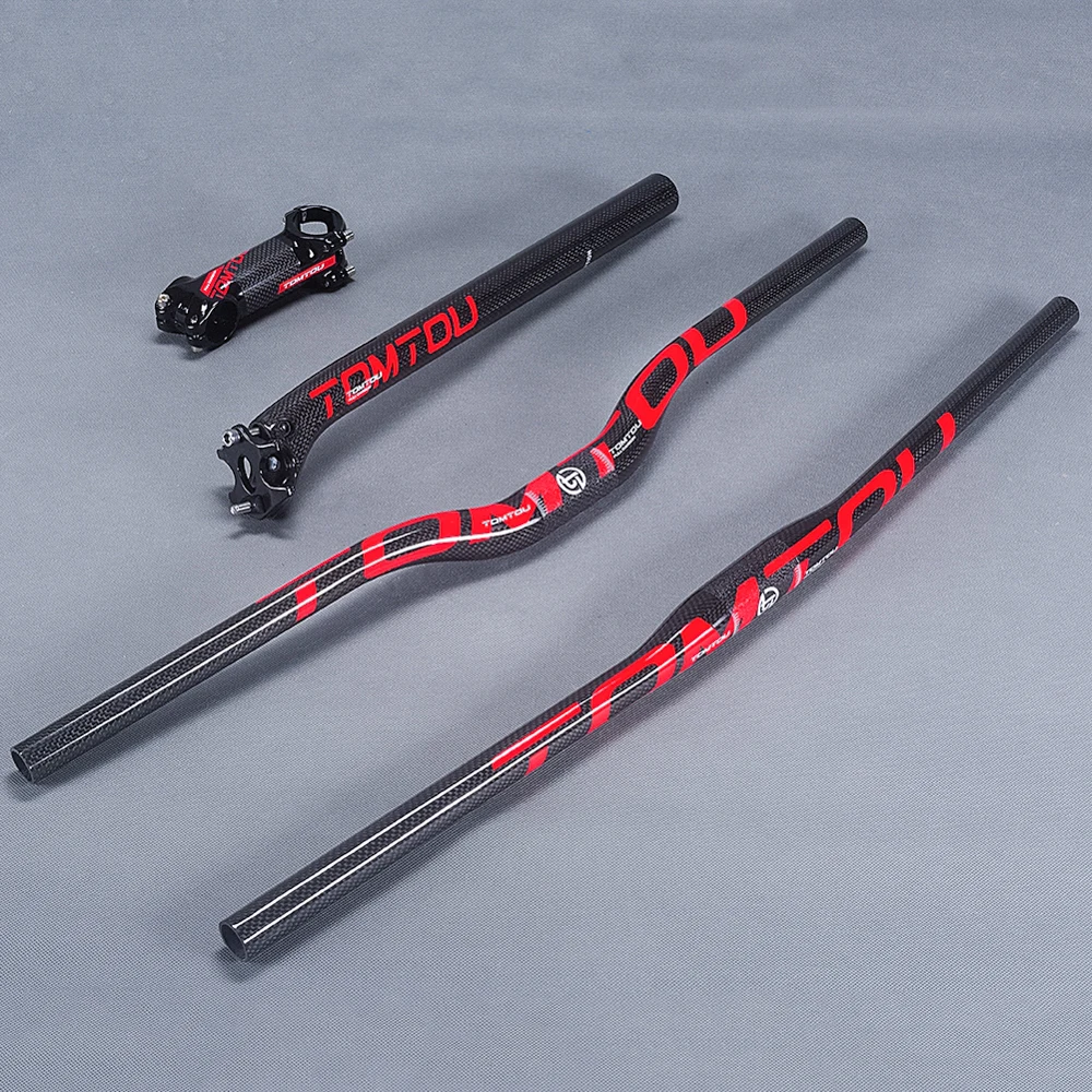 TOMTOU 3K Carbon Bike Mountian Handlebar Sets Bicycle MTB Handlebars Stem Seatpost Backward 20 Degrees Glossy Red - TS2T47