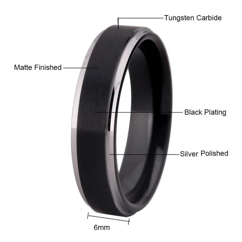 Men's Wedding Band Ring Women Fashion engagement Ring Matte Black With Silver Step Tungsten Ring 100% Tungsten Finger Ring