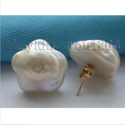 

@ genuine Natural 16mm White Reborn Keshi Flower Pearl Earrings studs fine jewelry #f1471!