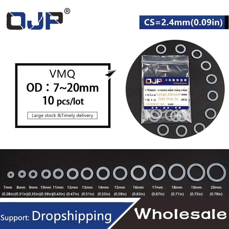 10PCS/lot Silicon Ring Silicone/VMQ O ring 2.4mm Thickness OD7/8/9/10/11/12/13/14/15/16/17/18/19/20mm O Ring Seal Rubber Gasket